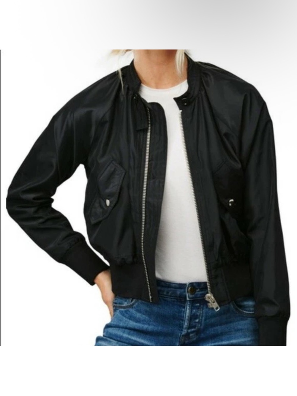 Free People Midnight Black Bomber Jacket - Lightweight Zip Front
